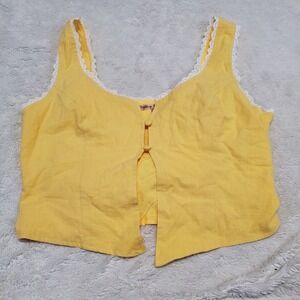 Yellow White Lace Cropped Button Sleeveless Vest Top Medium Coquette Summer Boho